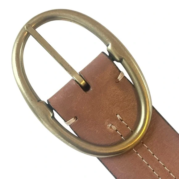 Wide Brown Leather Belt Oval Buckle 90s Size S/M - Picture 6 of 17